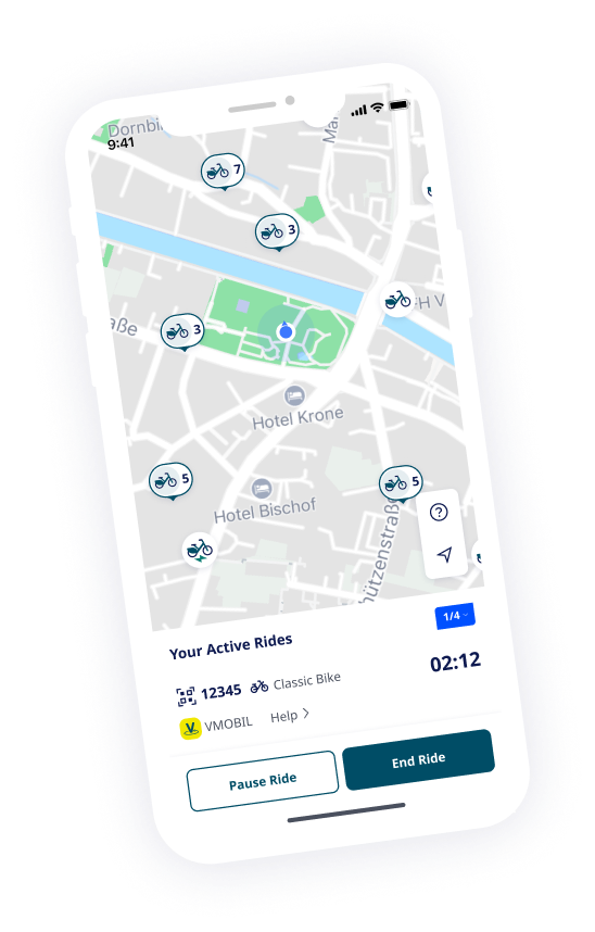 Screenshot der nextbike App zeigt die Karte von Dornbirn, Österreich