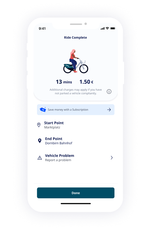Screenshot der nextbike App zeigt die Eckdaten einer Ausleihe.